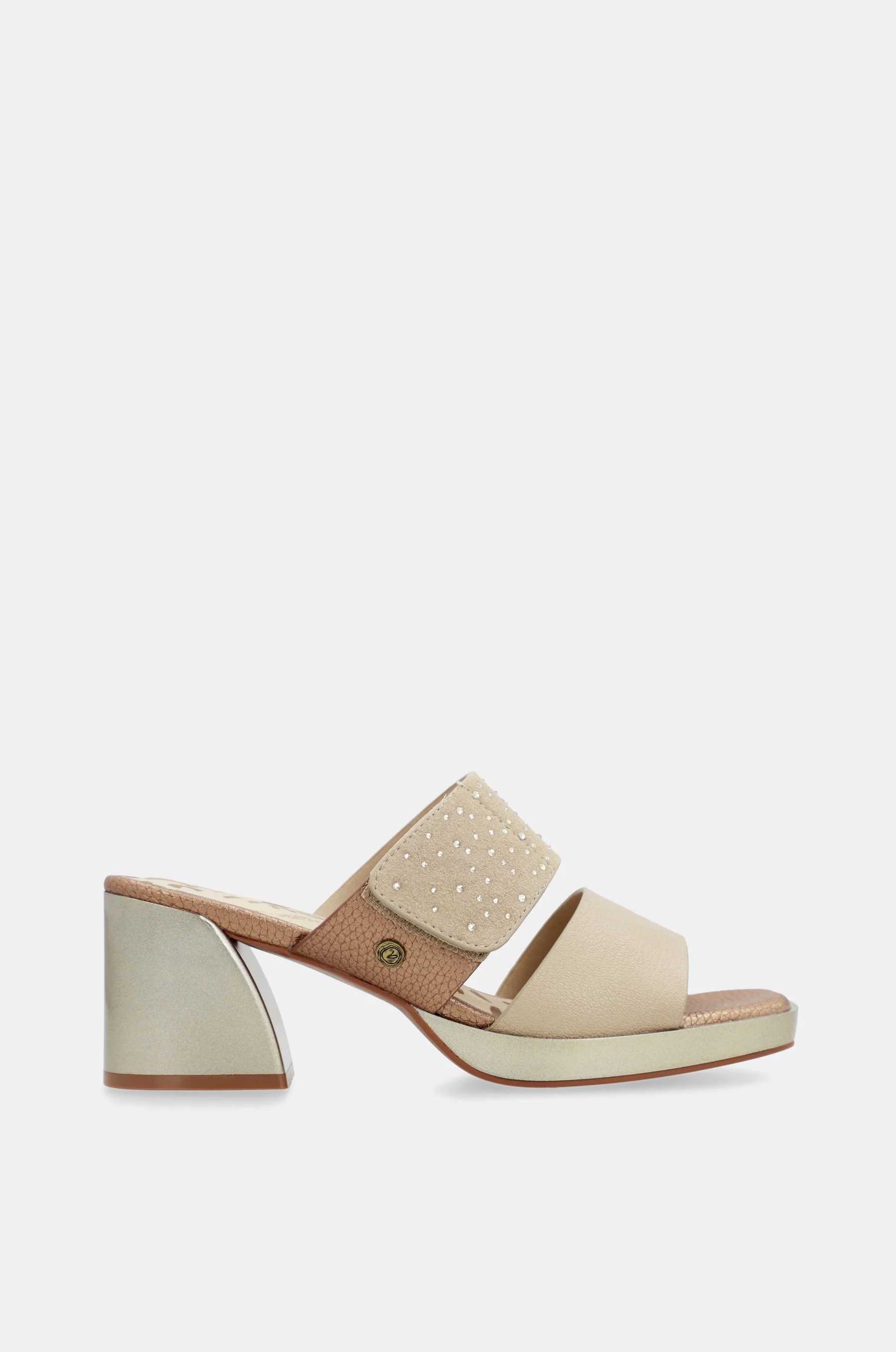 Beige heeled sandals with rhinestones